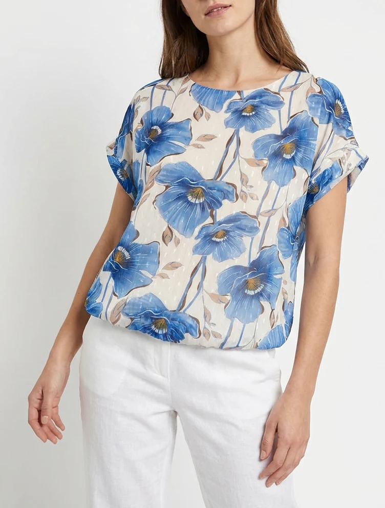 Kurzarm-Top mit Blumenmuster - Blaues Wagenrad