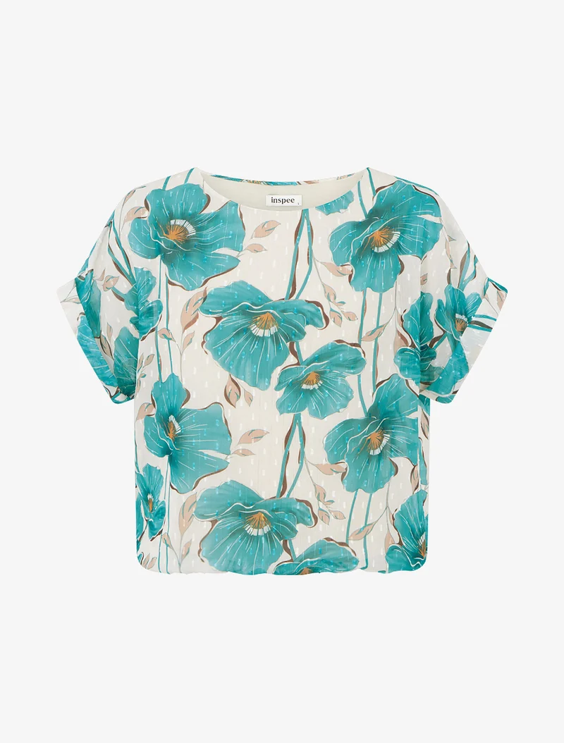 Kurzarm-Top mit Blumenmuster - Türkis