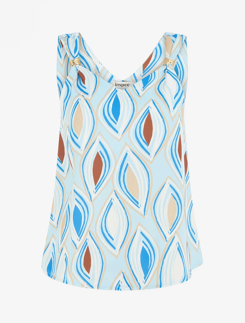 Bedrucktes Satin-Top mit Schmuckdetails. - Himmelblau