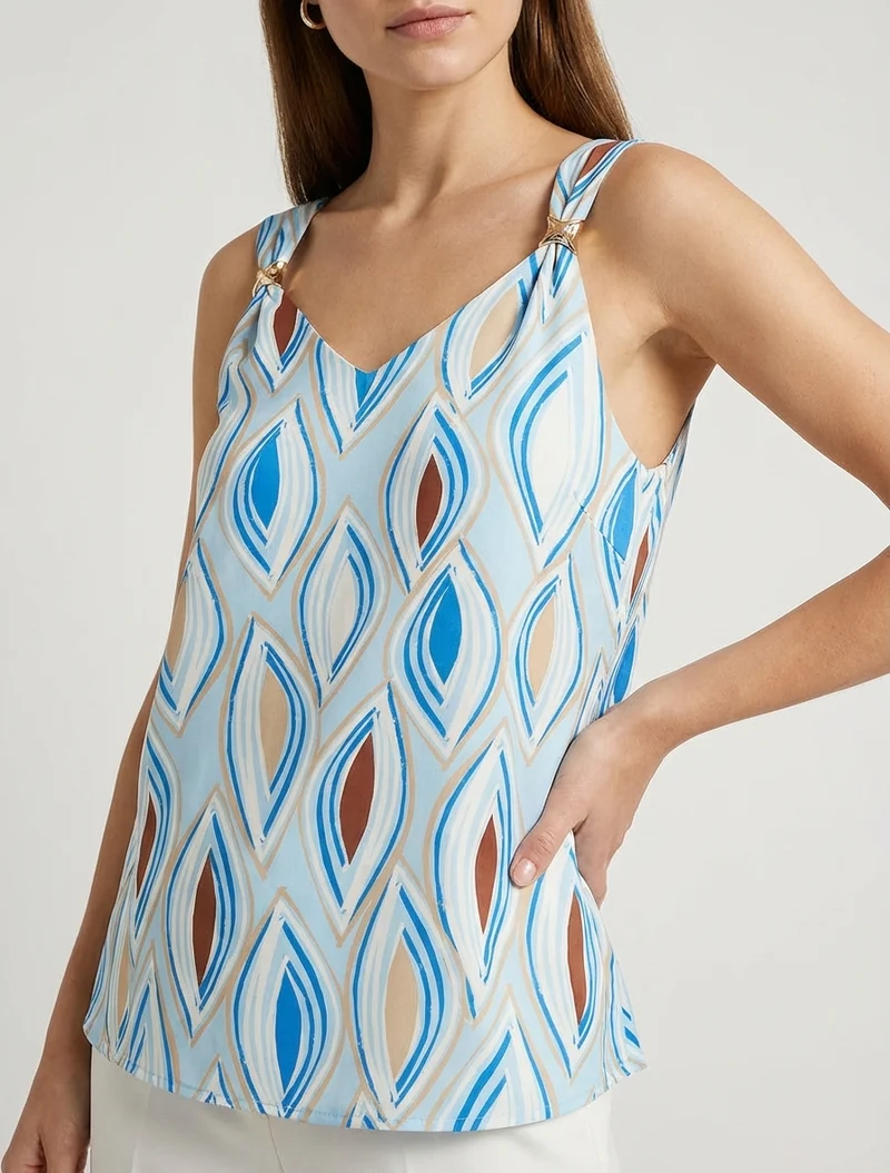 Bedrucktes Satin-Top mit Schmuckdetails. - Himmelblau