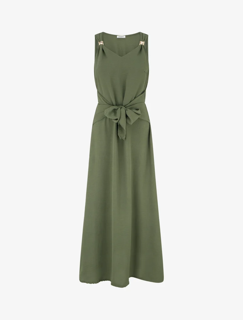 Langes Kleid mit Bindebändern - Kaki