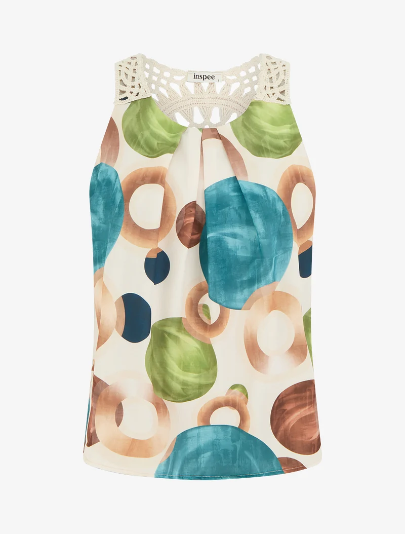 Grafisches Print-Top mit Häkeleinsatz - Entenblau