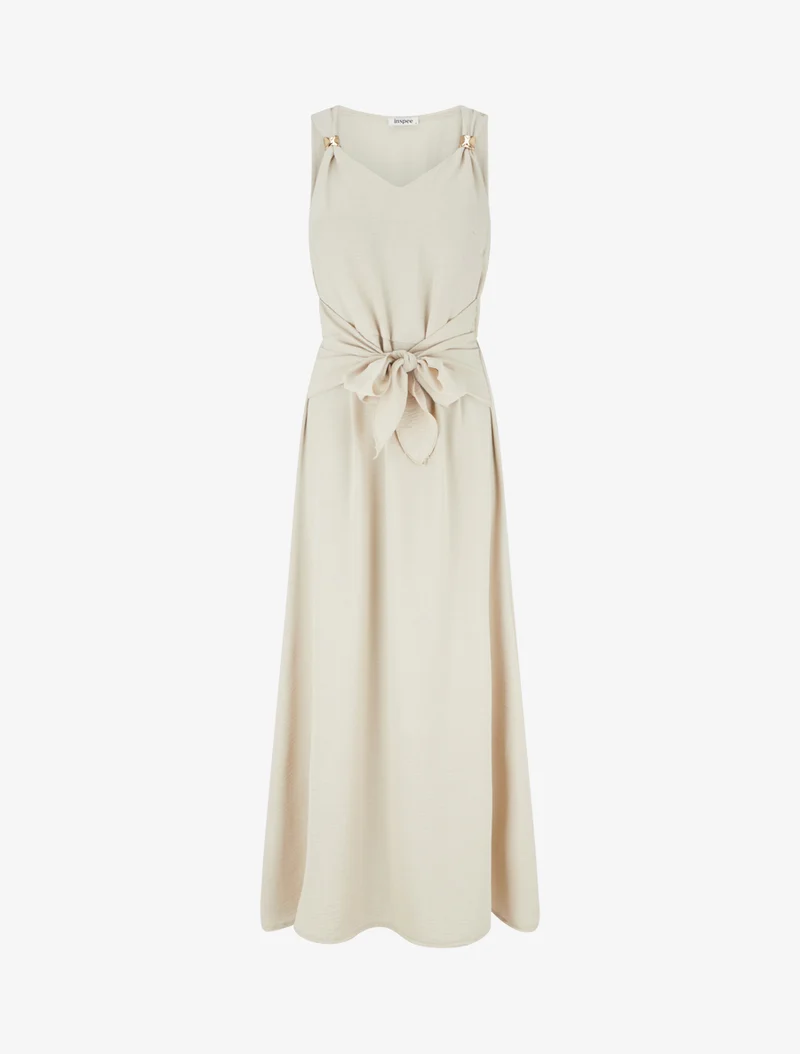 Langes Kleid mit Bindebändern - Beige