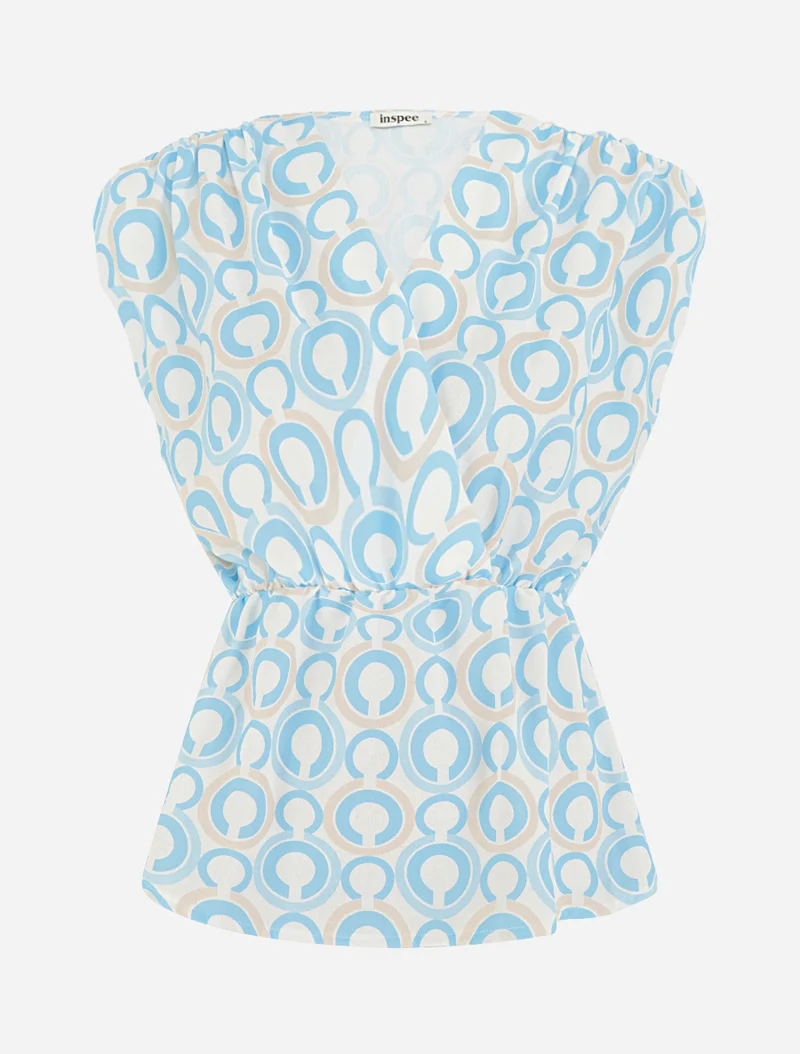 Grafisch bedrucktes, tailliertes, ärmelloses Top - Himmelblau