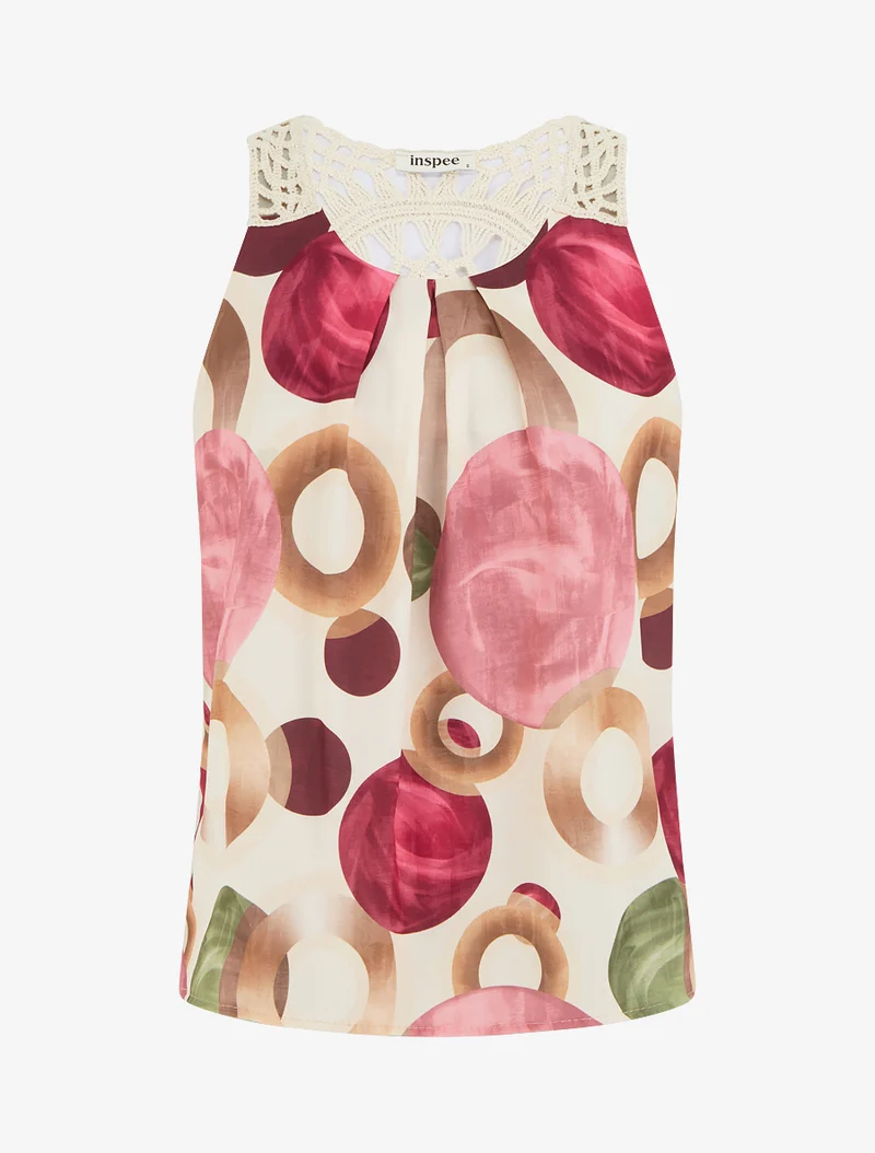Grafisches Print-Top mit Häkeleinsatz - Rose