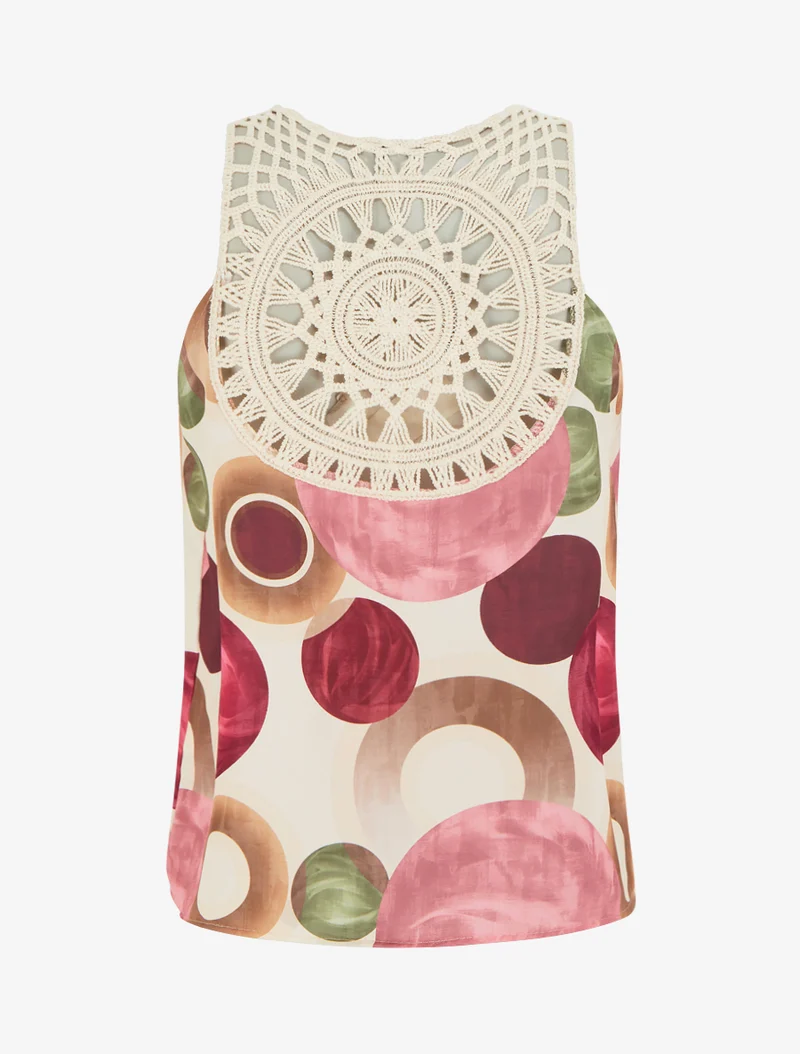 Grafisches Print-Top mit Häkeleinsatz - Rose