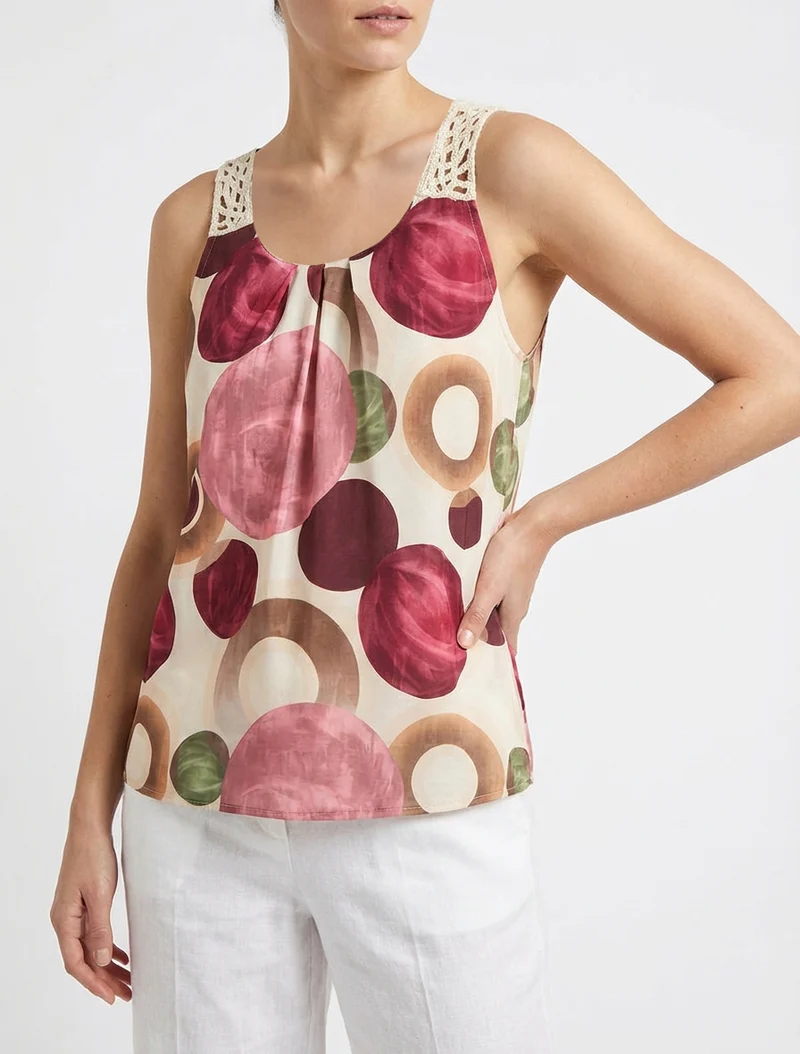 Grafisches Print-Top mit Häkeleinsatz - Rose