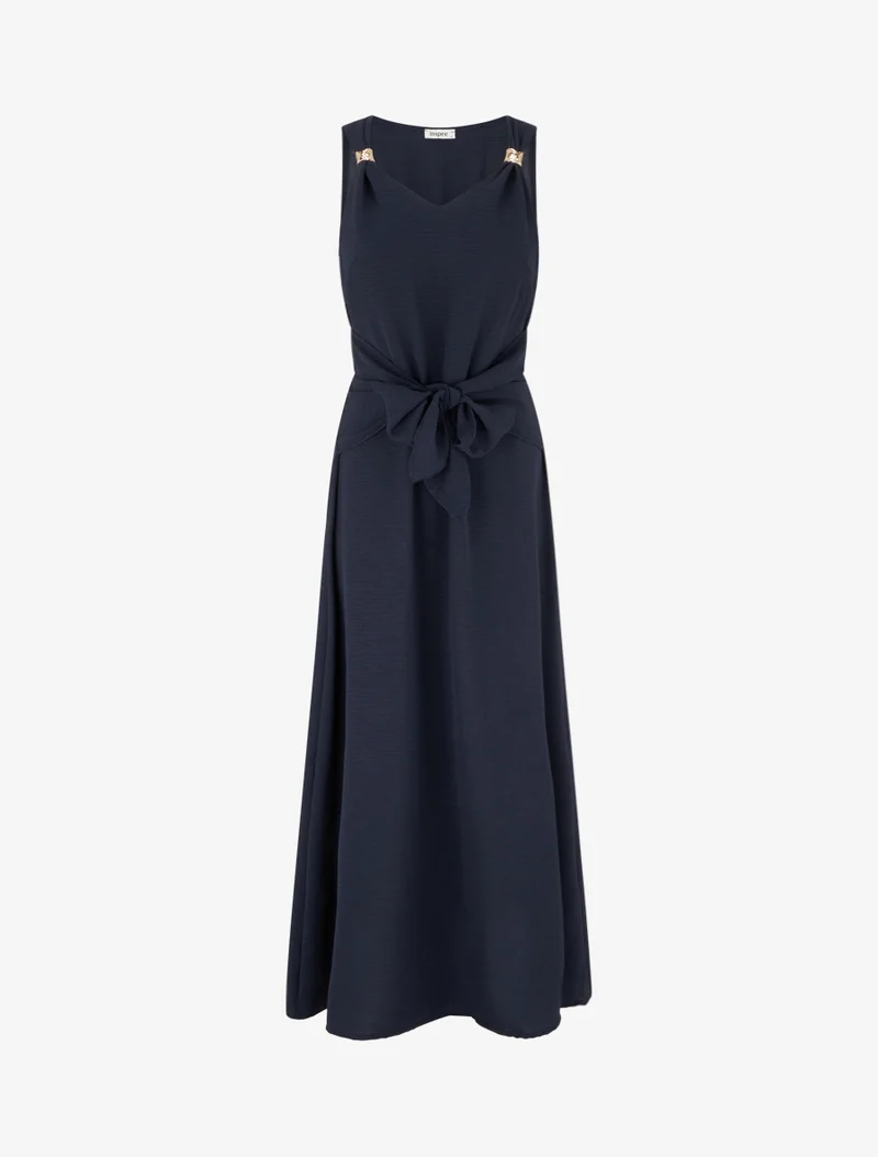 Langes Kleid mit Bindebändern - Mitternachtsblau