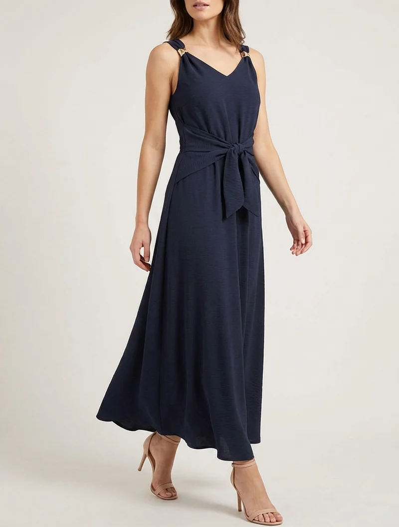 Langes Kleid mit Bindebändern - Mitternachtsblau