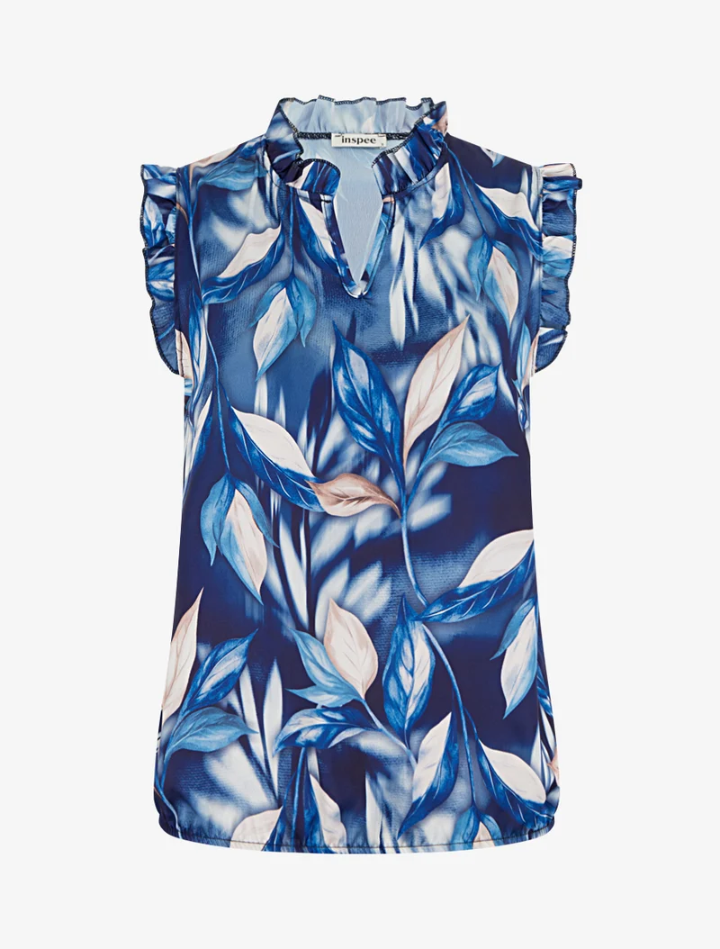 Top aus satin mit blätterdruck - Marine