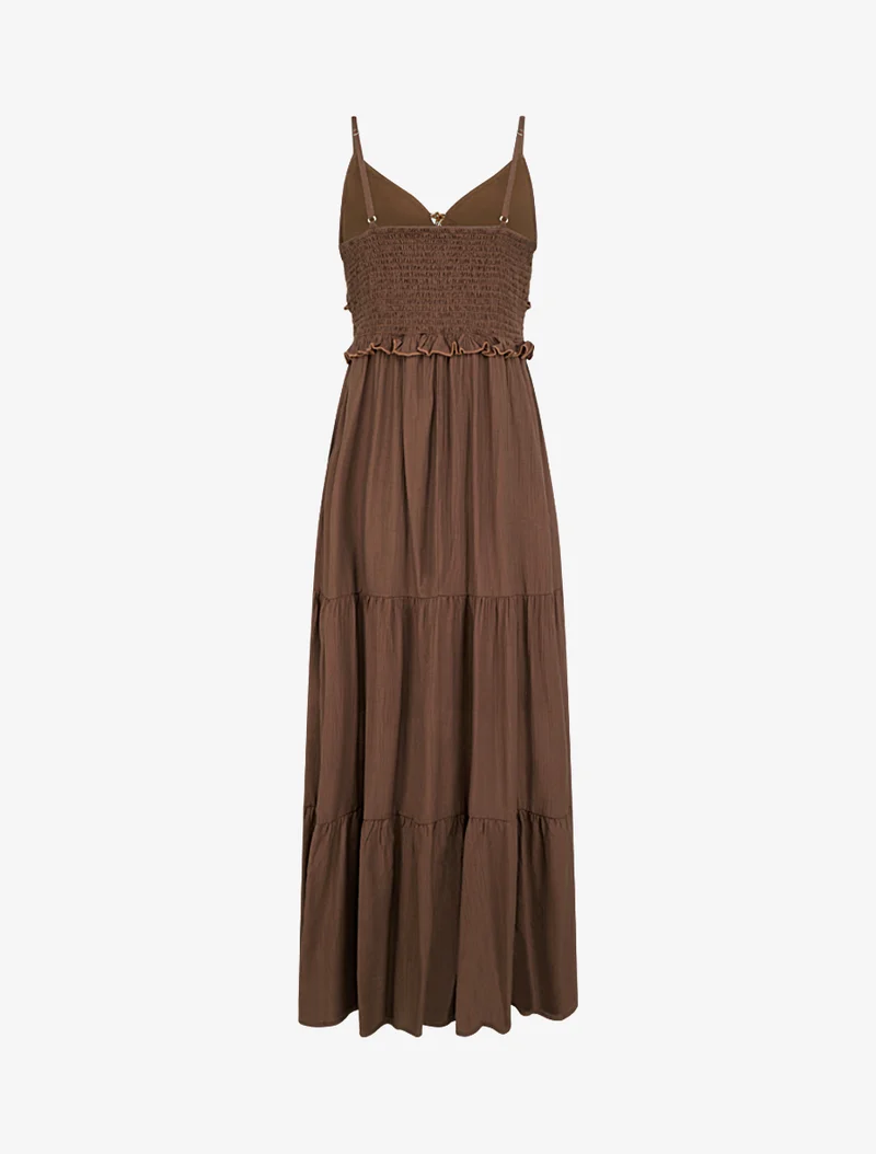 Langes Kleid mit dünnen Trägern und Blumenstickerei - Braun