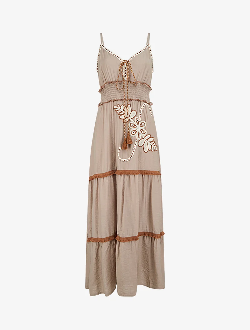 Langes Kleid mit dünnen Trägern und Blumenstickerei - Maulwurf