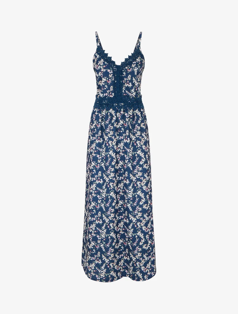 Langes geblümtes Kleid mit elastischem Rücken. - Marine