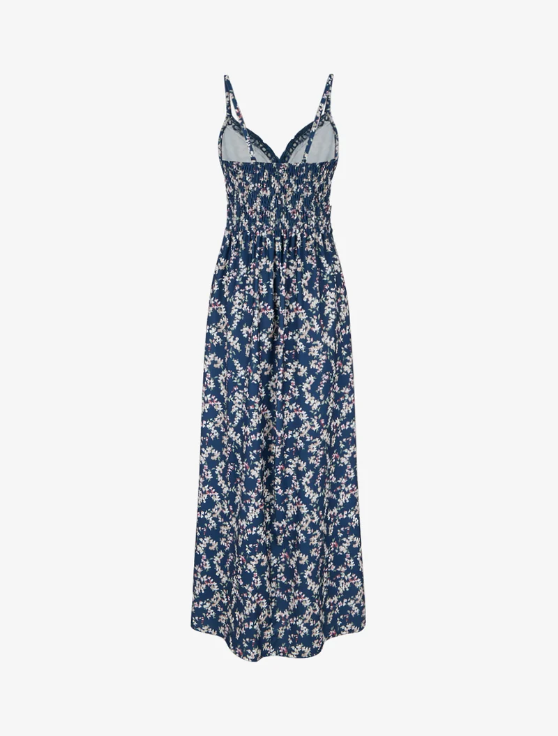 Langes geblümtes Kleid mit elastischem Rücken. - Marine