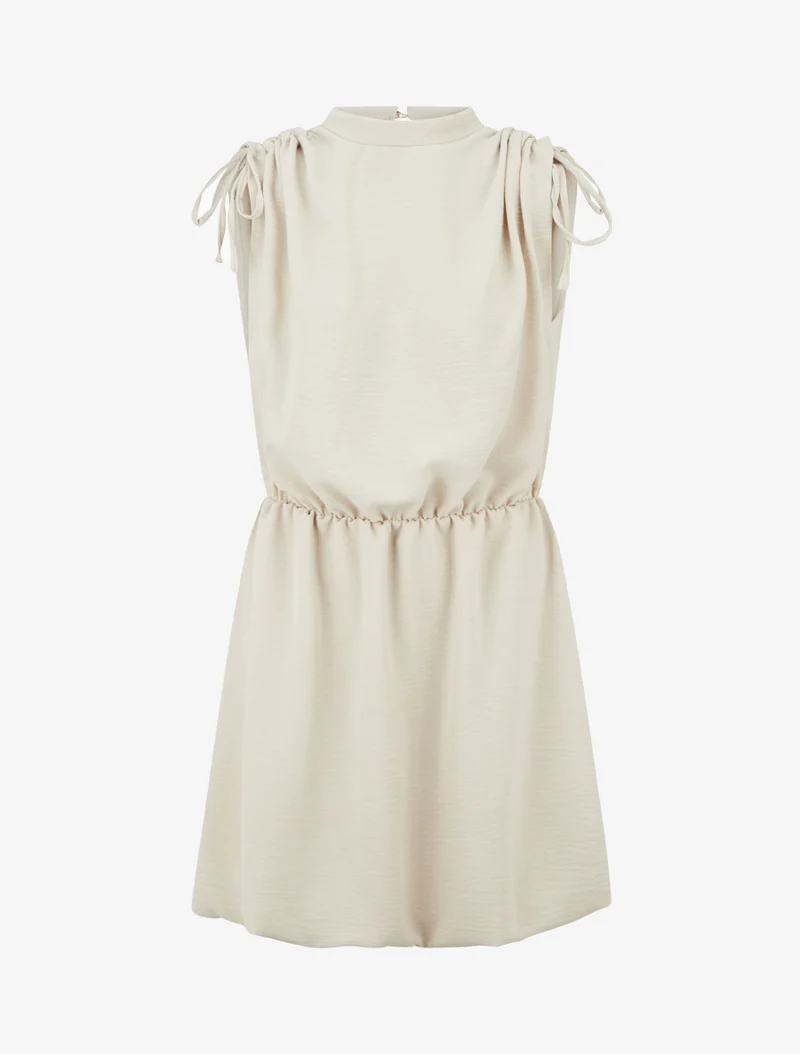 Ärmelloses, ausgestelltes Kleid mit gerafften Schultern - Beige