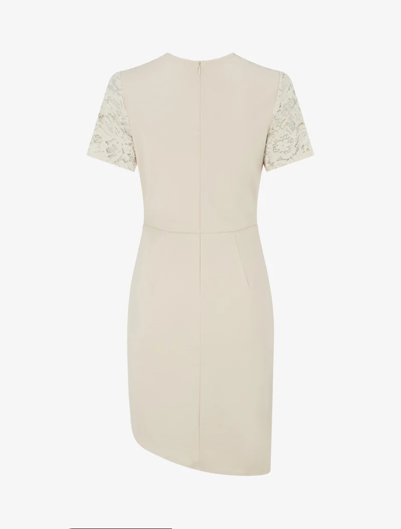 Tailliertes Kleid mit kurzen Ärmeln und Spitze - Beige