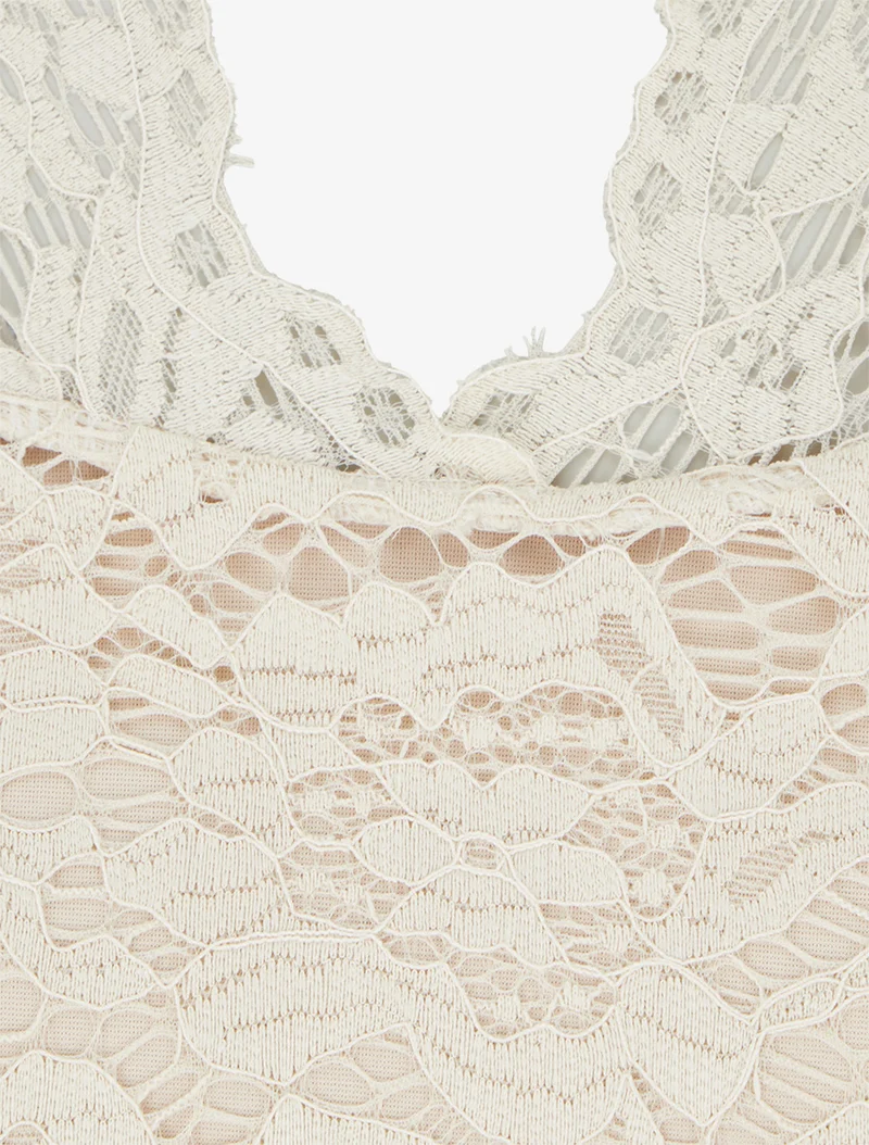 Tailliertes Kleid mit kurzen Ärmeln und Spitze - Beige