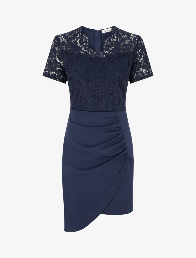 Tailliertes Kleid mit kurzen Ärmeln und Spitze - Marine