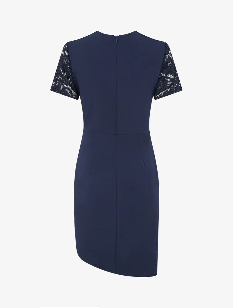 Tailliertes Kleid mit kurzen Ärmeln und Spitze - Marine