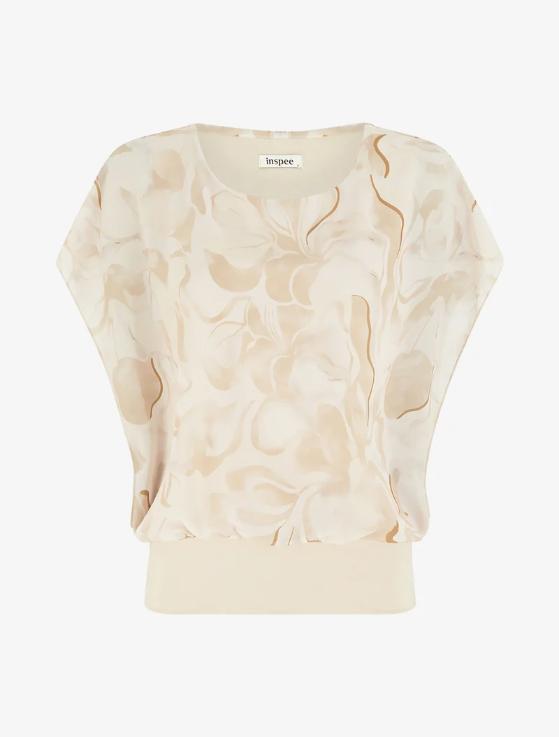 Kurzarm-Top mit Blumenmuster oben rechts. - Beige