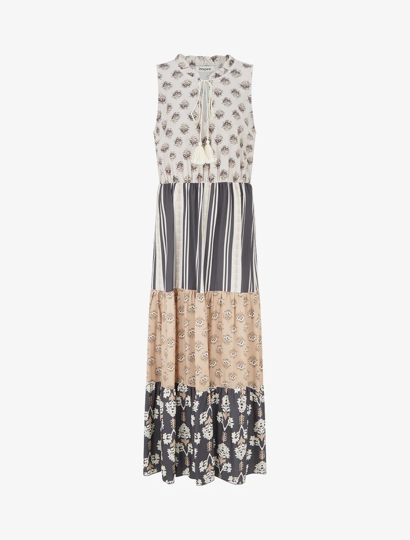 Ärmelloses langes Kleid mit Blumen-Patchwork. - Schwarz