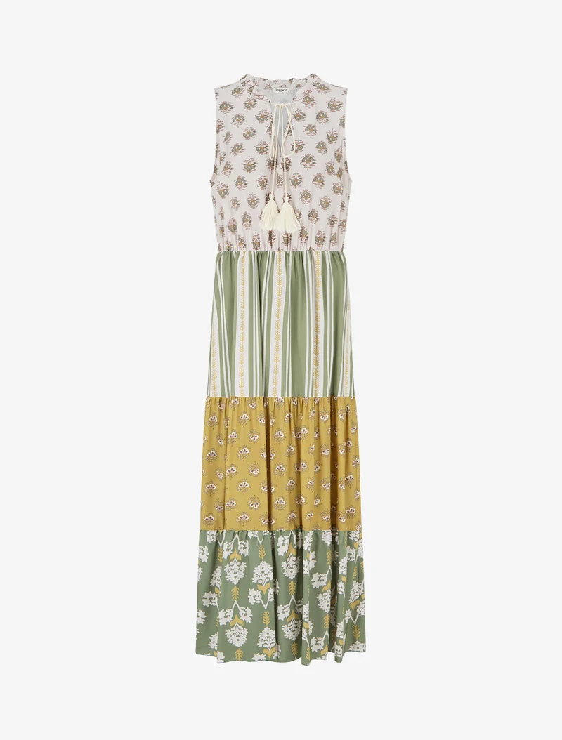 Ärmelloses langes Kleid mit Blumen-Patchwork. - Kaki