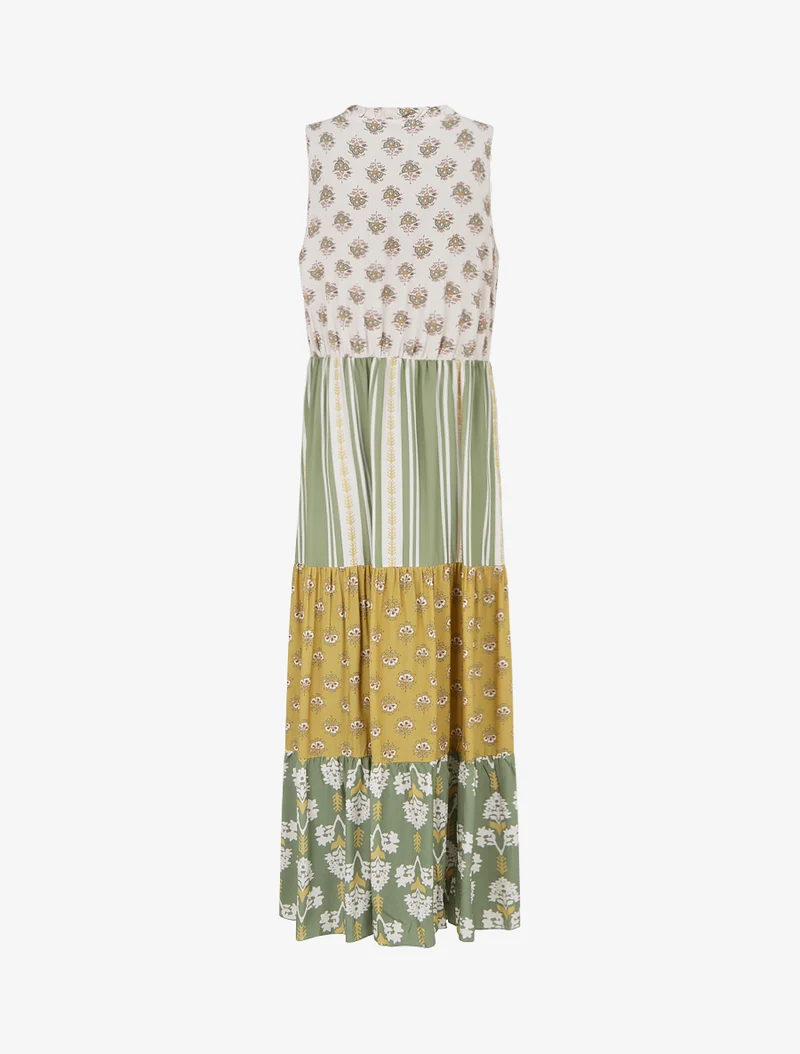 Ärmelloses langes Kleid mit Blumen-Patchwork. - Kaki