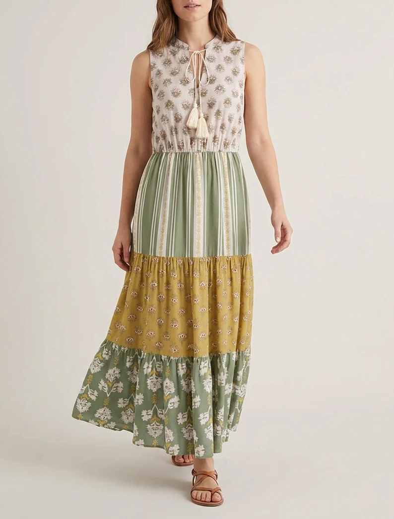 Ärmelloses langes Kleid mit Blumen-Patchwork. - Kaki