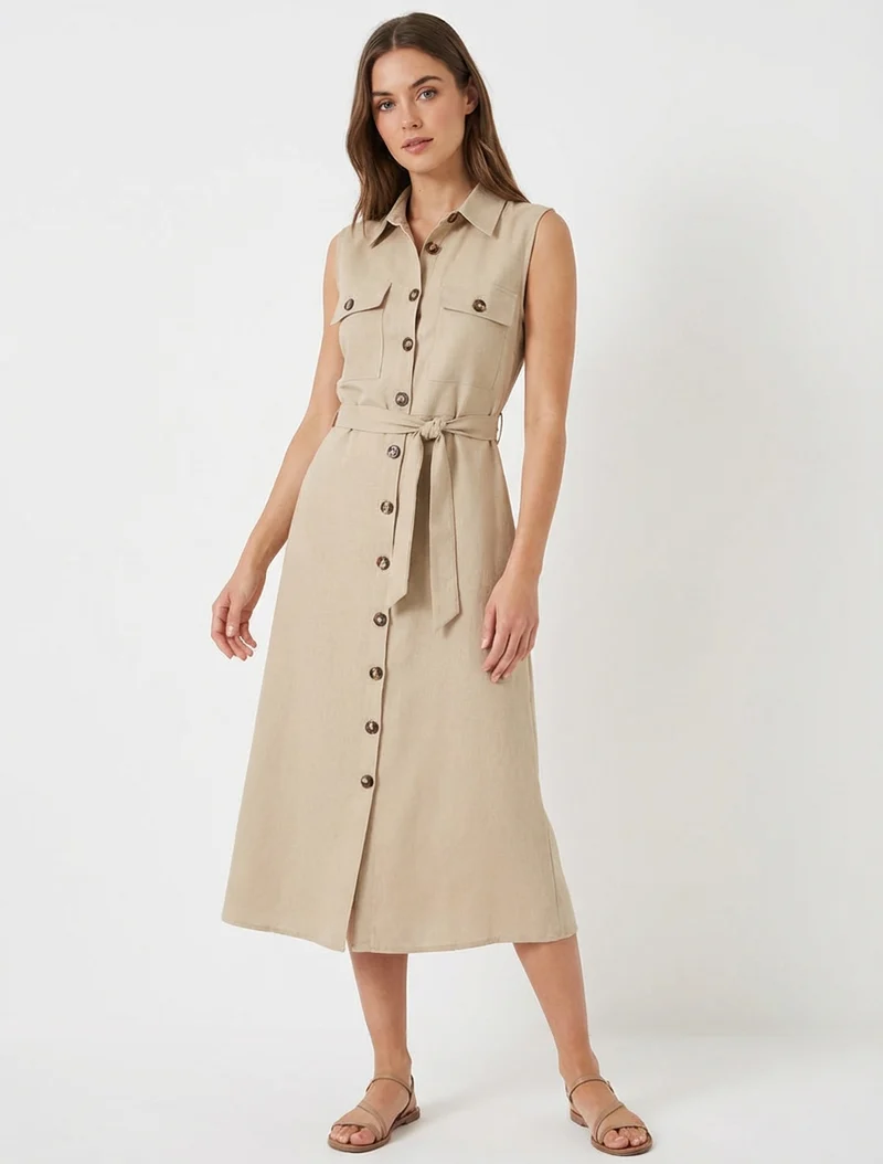 Ärmelloses Hemdkleid in gerader Schnittform - Beige
