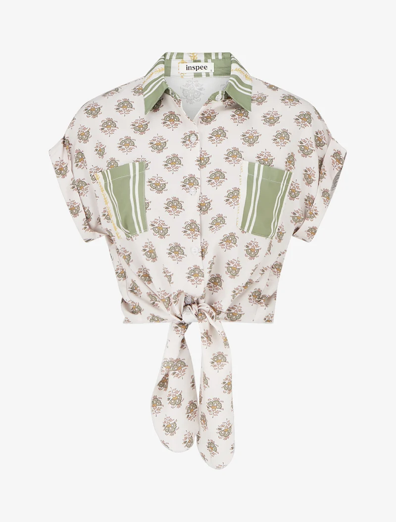 Kurz geschnittene Blumenprint-Bindebluse - Olivgrün
