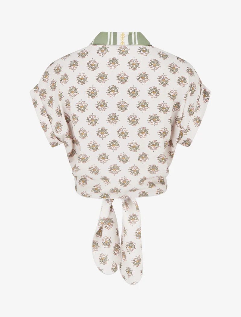 Kurz geschnittene Blumenprint-Bindebluse - Olivgrün