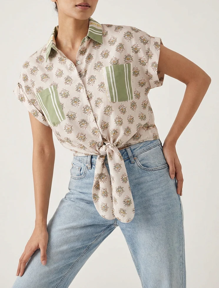 Kurz geschnittene Blumenprint-Bindebluse - Olivgrün