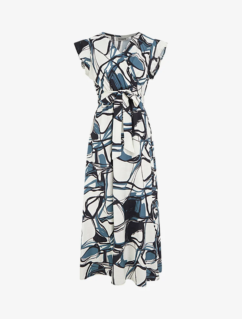 Langes Kleid mit ausgestelltem Schnitt und Fantasiemuster - Blau/weiß