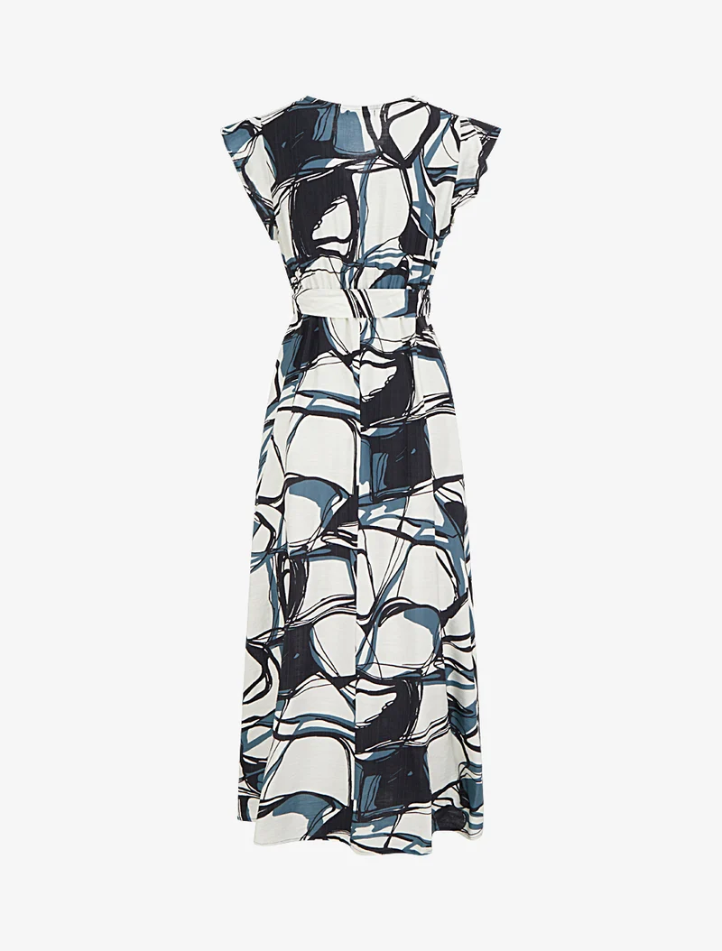 Langes Kleid mit ausgestelltem Schnitt und Fantasiemuster - Blau/weiß