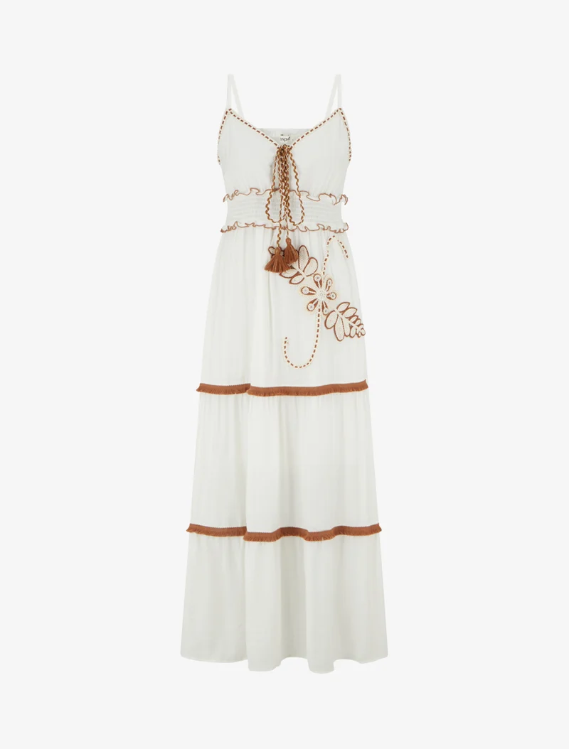 Langes Kleid mit dünnen Trägern und Blumenstickerei - Weiß