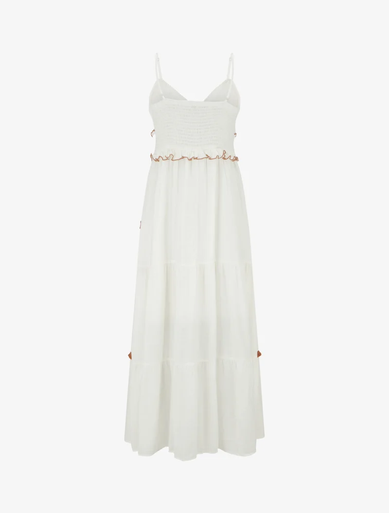 Langes Kleid mit dünnen Trägern und Blumenstickerei - Weiß