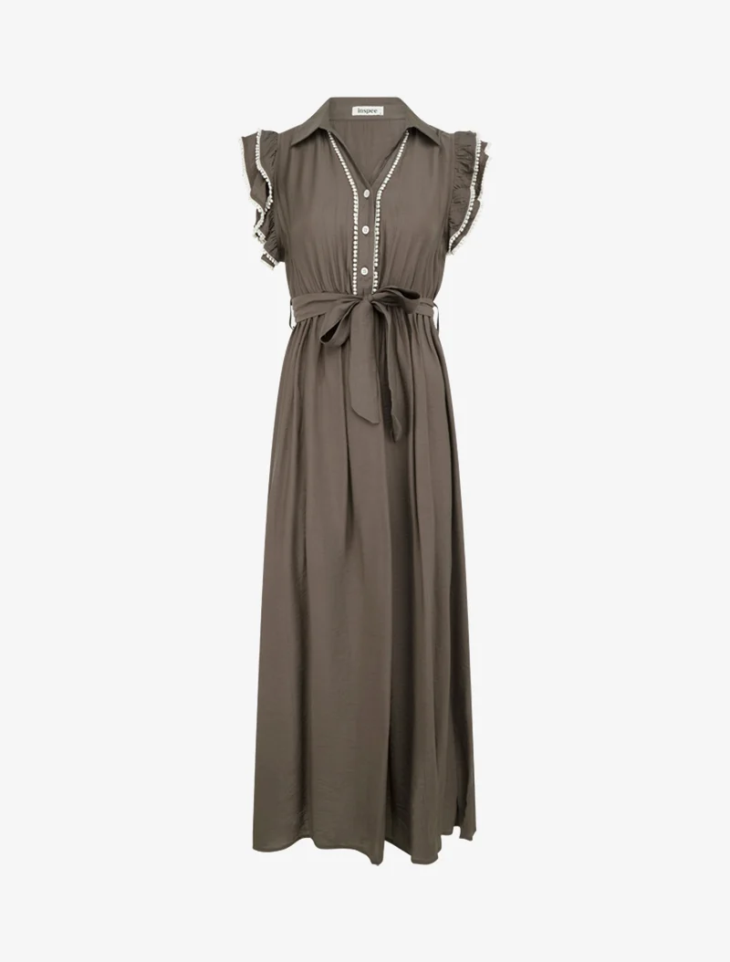 Langes Kleid mit Flügelärmeln aus Häkelspitze - Braun