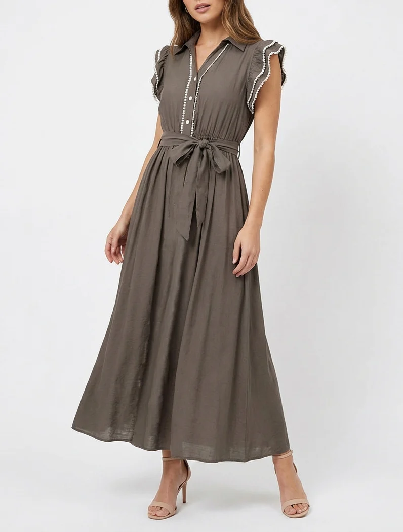 Langes Kleid mit Flügelärmeln aus Häkelspitze - Braun