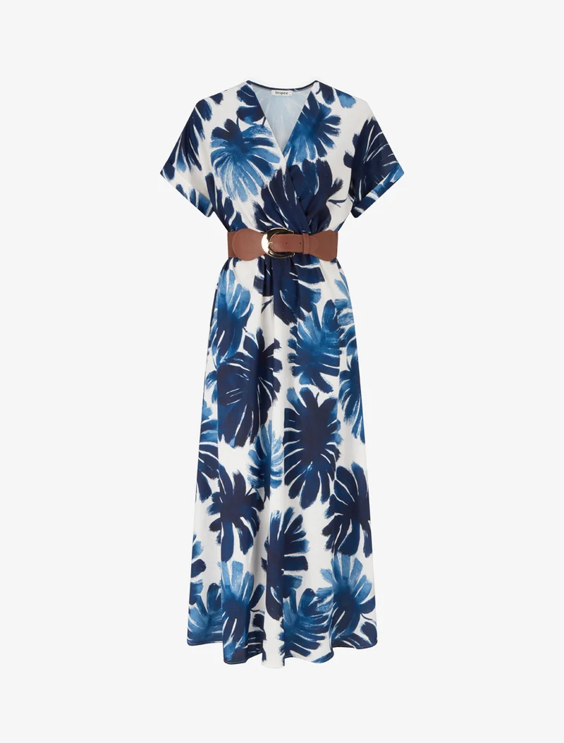 Langes Kleid mit kurzen Ärmeln und Blätterdruck - Marine