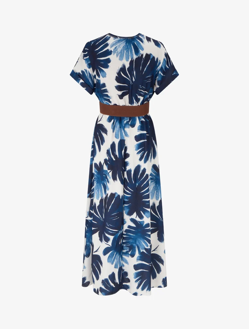 Langes Kleid mit kurzen Ärmeln und Blätterdruck - Marine