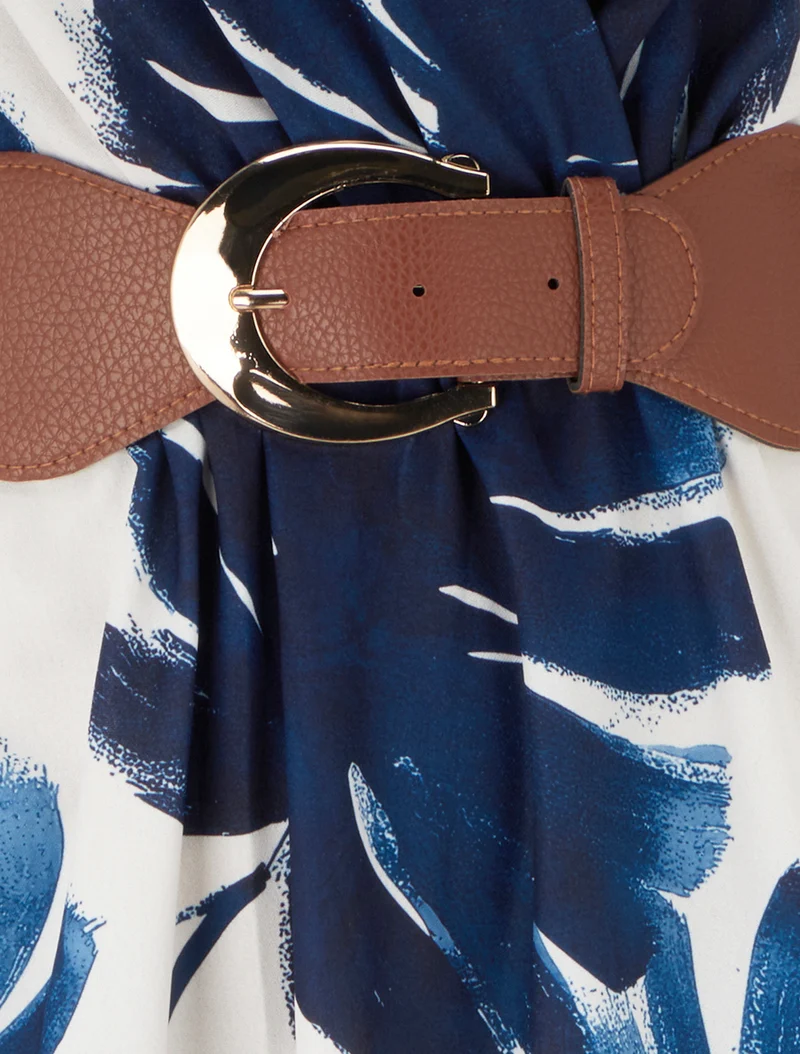 Langes Kleid mit kurzen Ärmeln und Blätterdruck - Marine