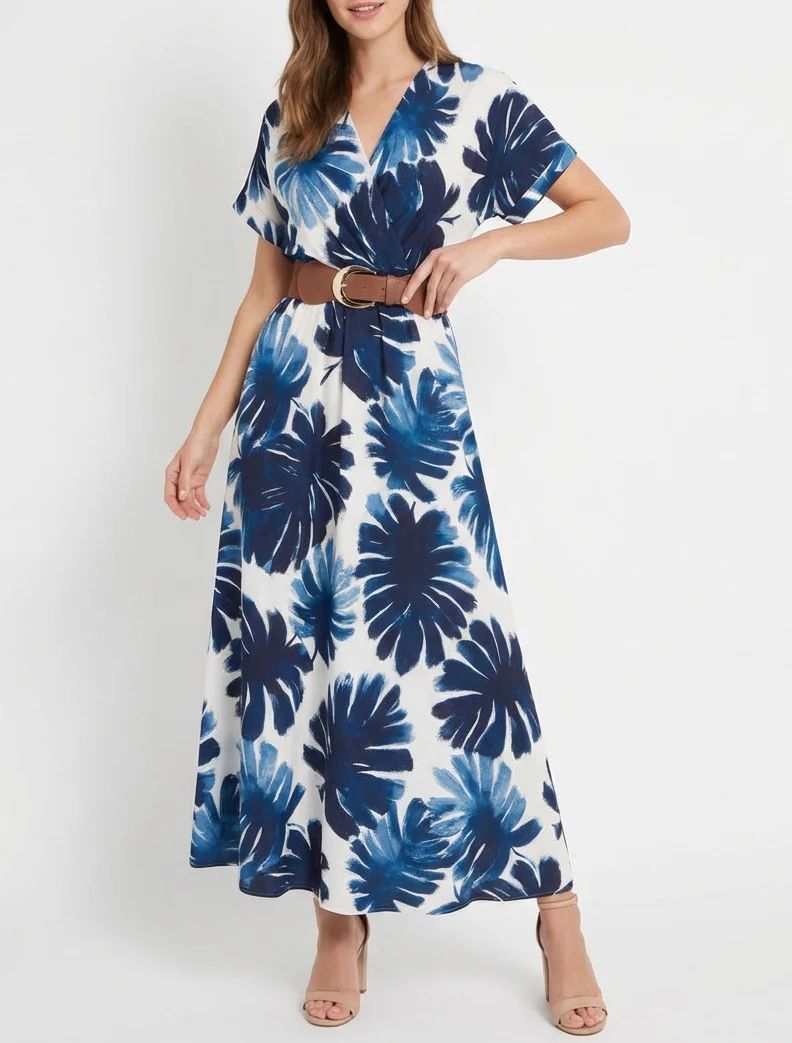 Langes Kleid mit kurzen Ärmeln und Blätterdruck - Marine