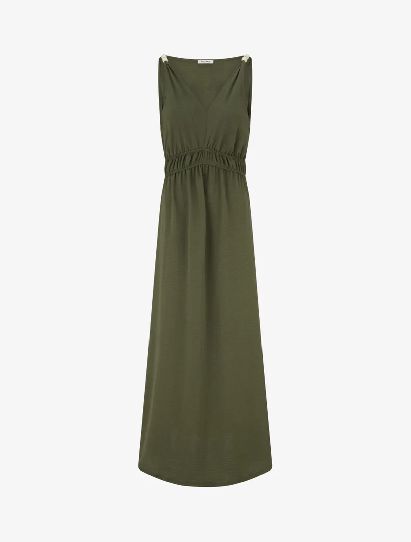 Langes ausgestelltes Kleid mit Perlenriemen - Kaki