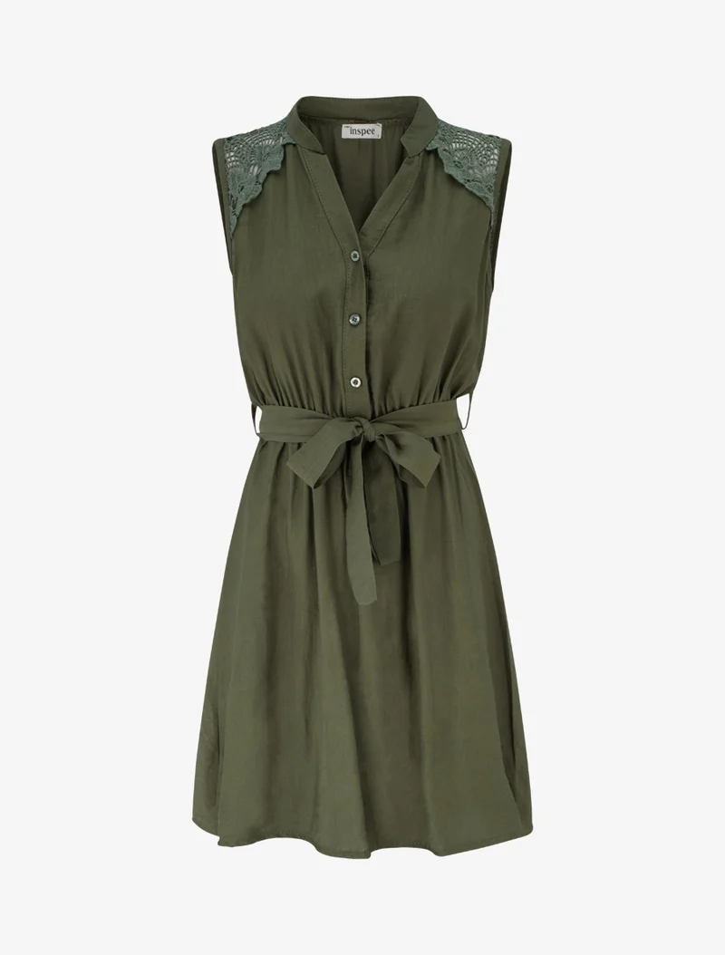 Ärmelloses, knielanges, geknöpftes Kleid - Kaki