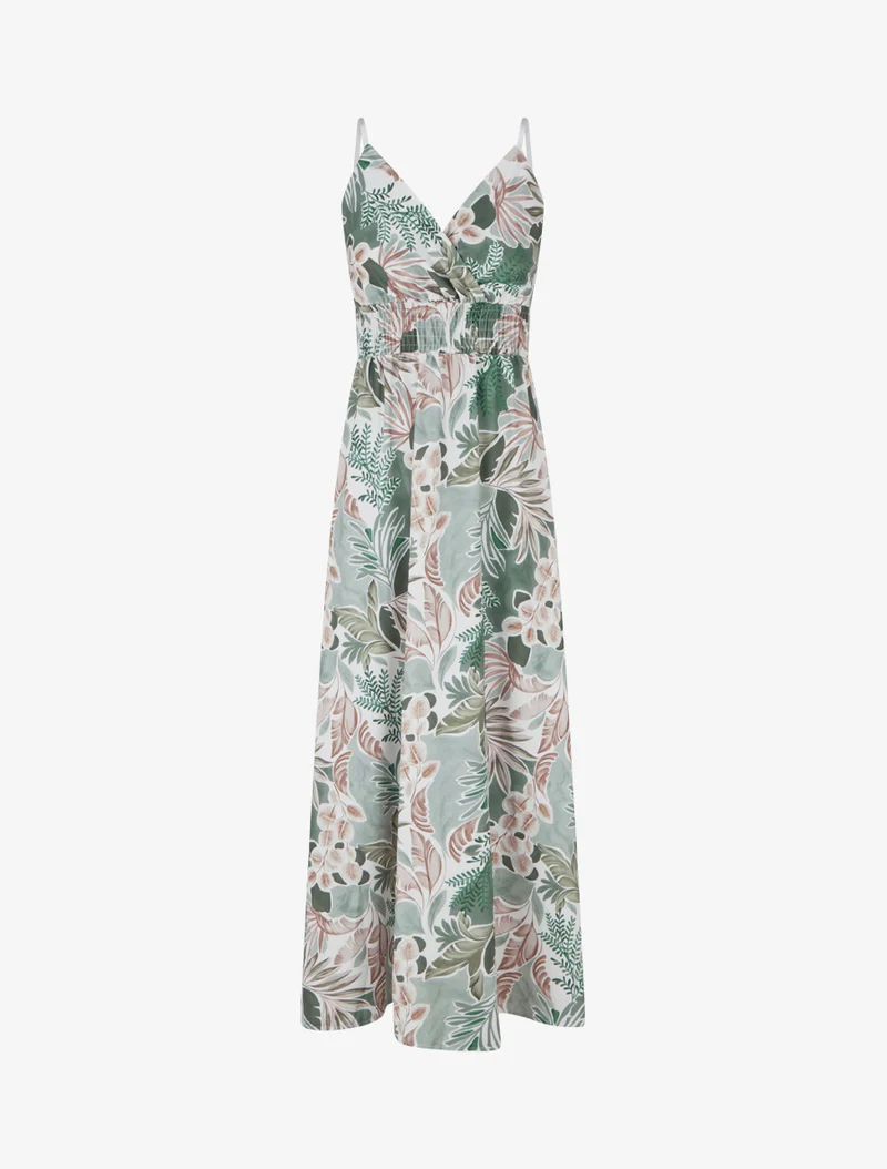 Langes Kleid mit schmalen Trägern und Blattdruck - Kaki