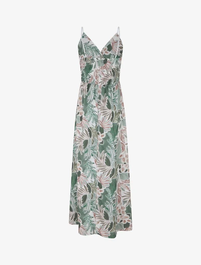 Langes Kleid mit schmalen Trägern und Blattdruck - Kaki