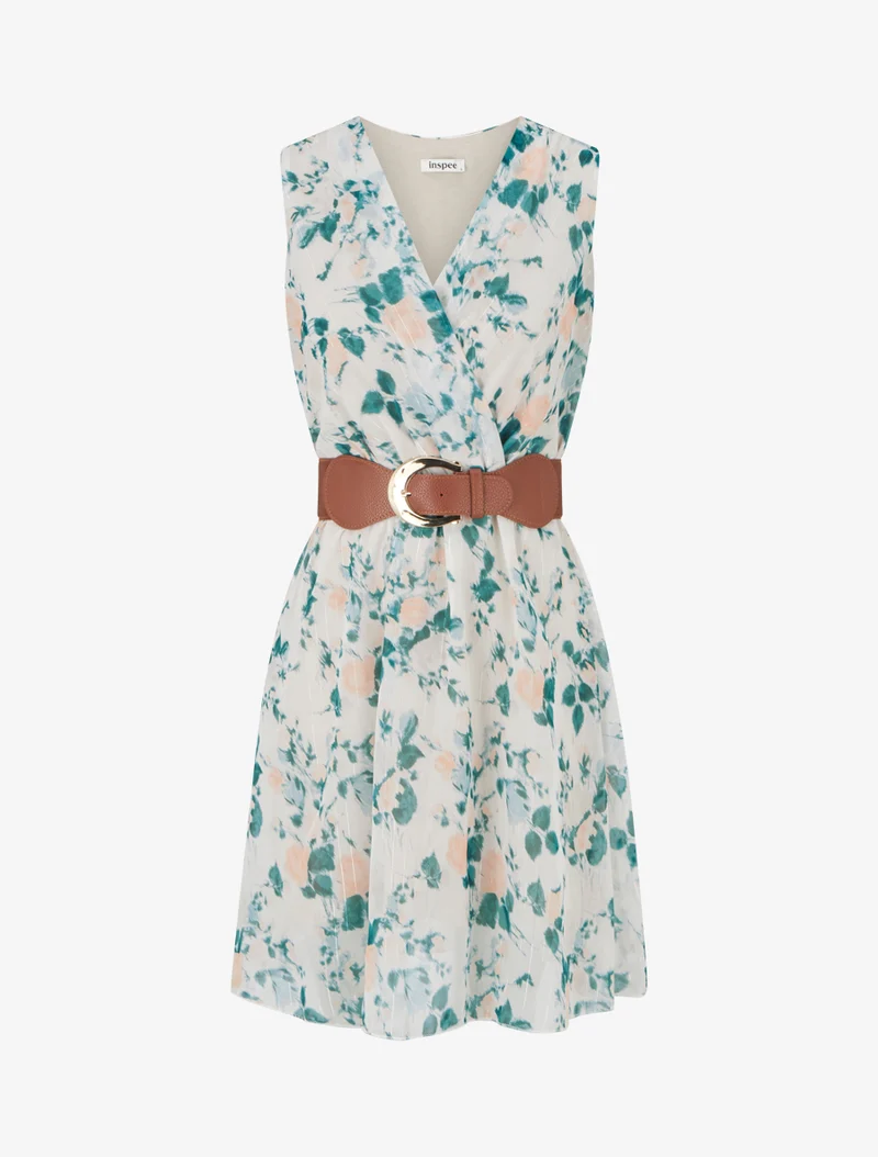 Kleid mit irisierendem Streifen- und Blumenmuster - Tannengrün