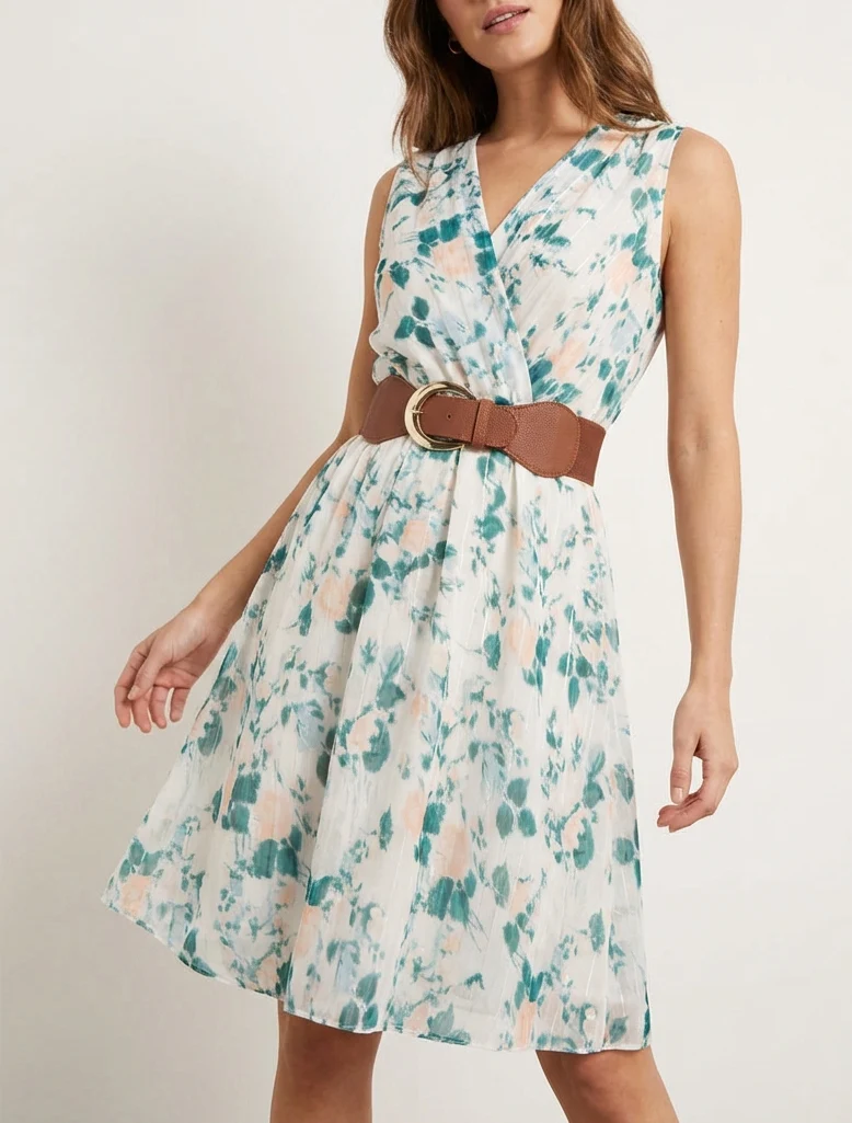 Kleid mit irisierendem Streifen- und Blumenmuster - Tannengrün