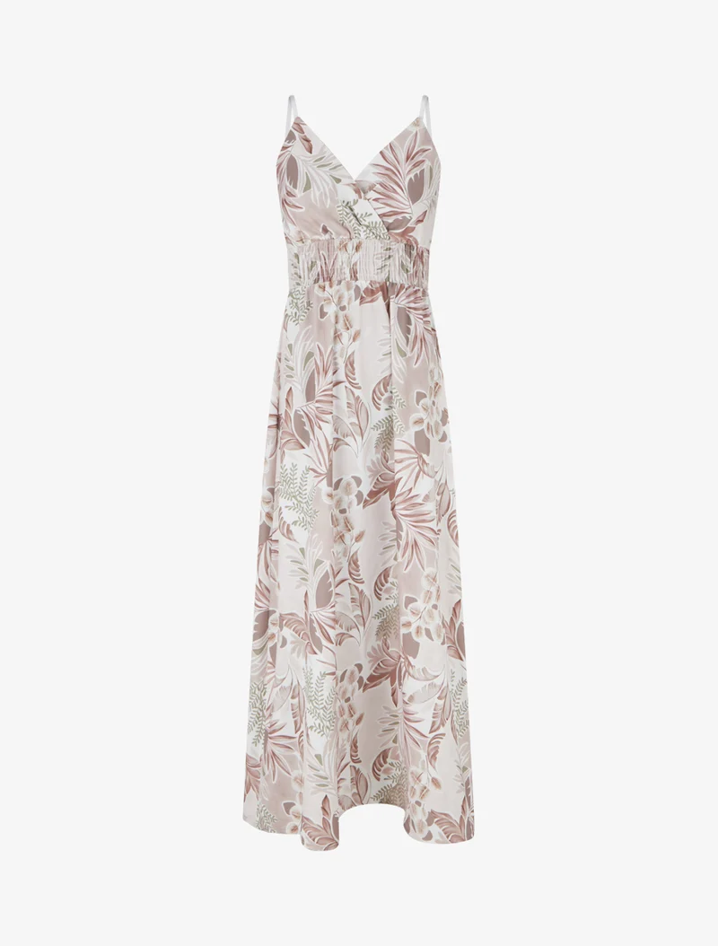 Langes Kleid mit schmalen Trägern und Blattdruck - Beige