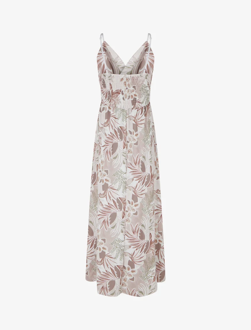 Langes Kleid mit schmalen Trägern und Blattdruck - Beige